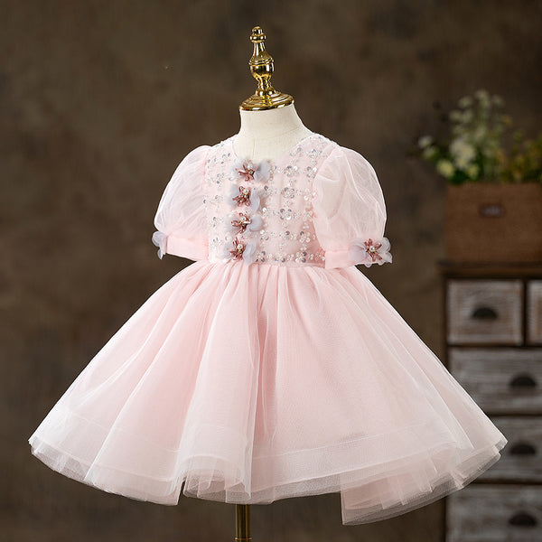 Baby Girl Dress Toddler Summer Pink Mesh Sequin Communion Pageant Princess Dress