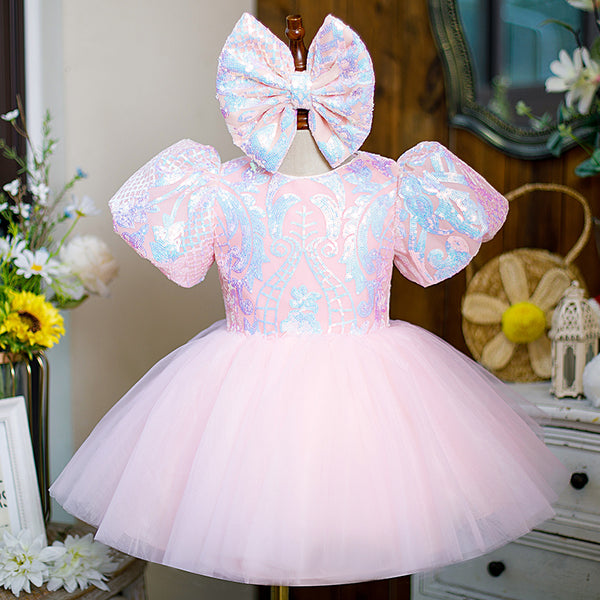 LuLu BeBe Girls Merry Christmas Pastel Sequins Puff Sleeve Top - Pink main image 0