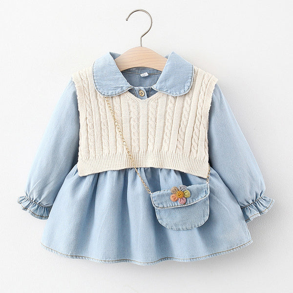 Baby Girl Autumn Long-sleeved Denim Dress Woolen Vest Suit