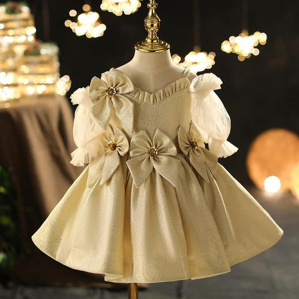 Toddler Ball Gowns Little Girl Flower Puff Sleeves Champagne Bow Princess Dress