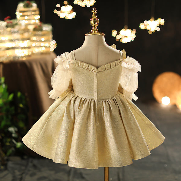 Toddler Ball Gowns Little Girl Flower Puff Sleeves Champagne Bow Princess Dress
