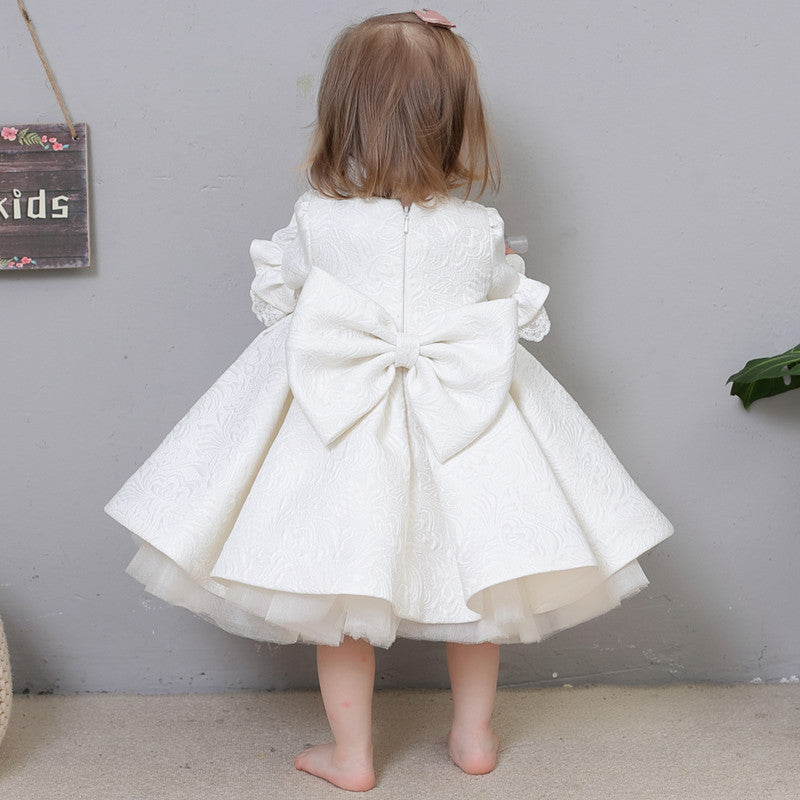 Flower Girl Dress Toddler Communion Formal White Bow Lace Baby Baptism Dress