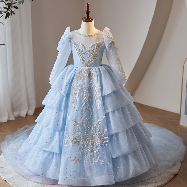 Toddler Communion Dress Girl Flower Formal Trailing Blue Sequins Princess Pageant Dress