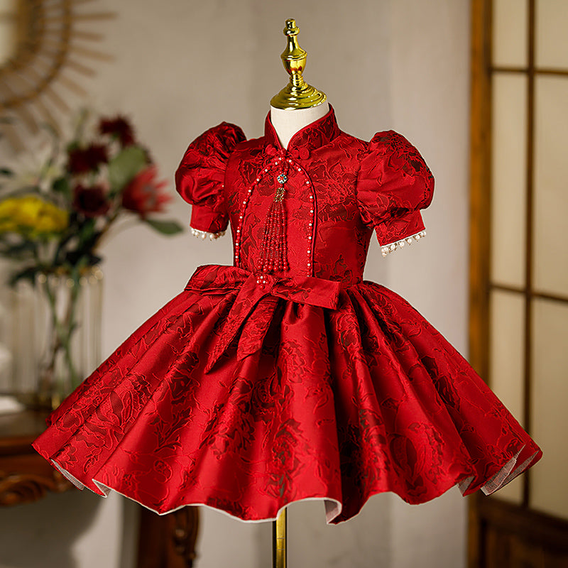 Girl Christmas Dress Little Girl Dress Toddler Retro Red Printed Stand Collar Formal Party Princess Dress