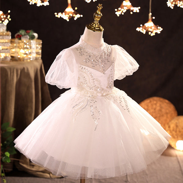 Flower Girl Dress Children Mesh Fluffy Diamond Embroidery Lace Sequin White Princess Dress