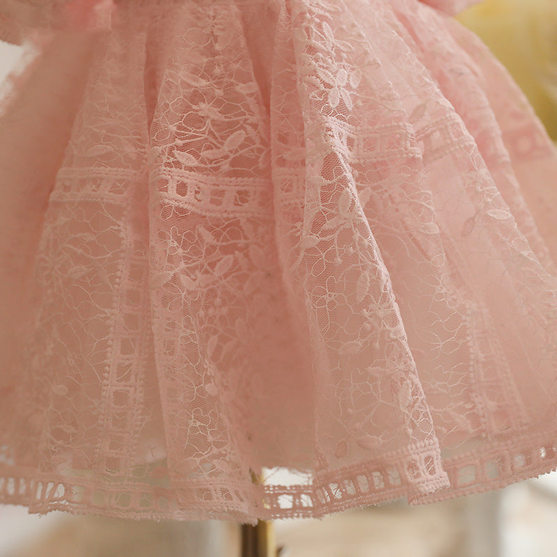 Toddler Prom Dress Girl Summer Princess Dress Pink Lace Puff Sleeve Dress