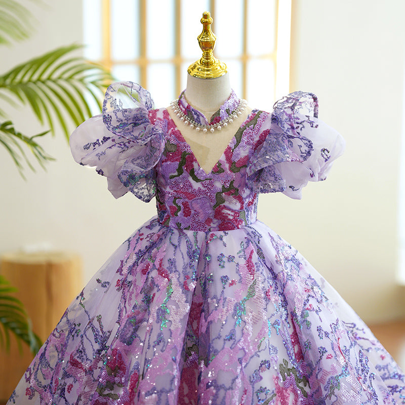 Baby Girl and Todler Communion Dress Flowers Purple Sequins Puffy Birthday Princess Dress
