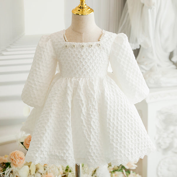 Baby Girl Baptism Dress Girl Princess White Bead Bow Party Cake Christening Dress