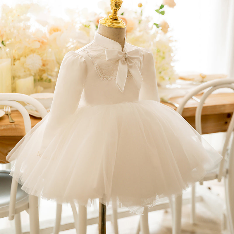 Baby Girl White Elegant Long Sleeve Flower Girl Dress Toddler Formal Princess Dress Girl Birthday Dresses