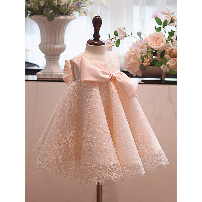 Baby Girl Formal Birthday Dresses Toddler Lace Round Neck Sleeveless Bow Princess Prom Dress