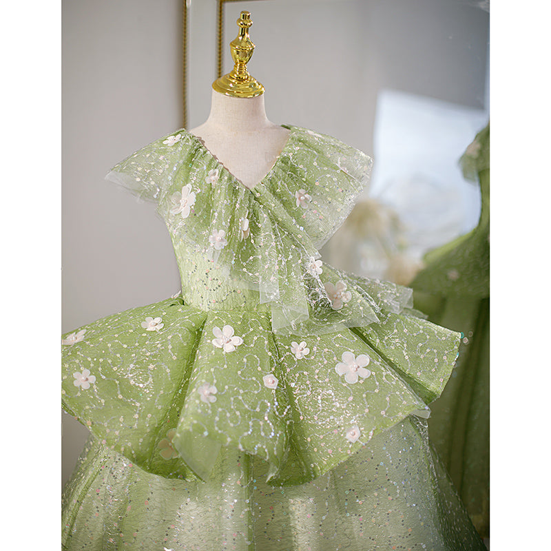 Flower Girl Dress Children Green Sequins Sleeveless Birthday Princess Dress