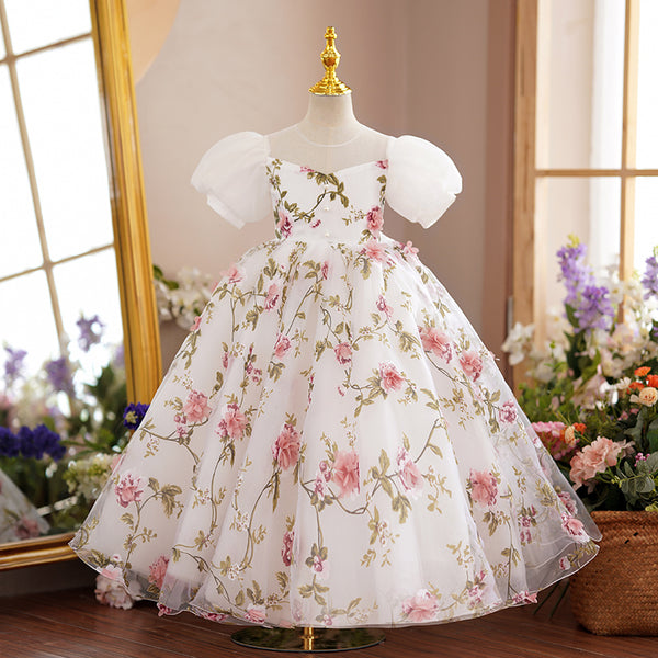 Baby Girl First Communion Dress Children Flowers Embroidery Puffy  Princess Dress