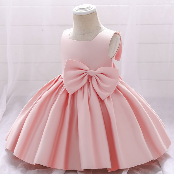 Baby Girl Birthday Party Dress Toddler Summer Round Neck Bow Textured Puffy Formal Princess Dress