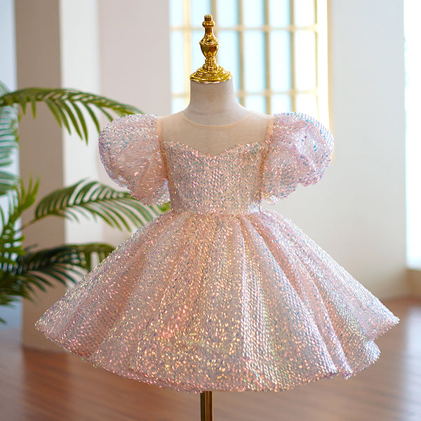 Baby Girl Pageant Princess Dresses Toddler Summer Elegant Pink Sequin Bow Birthday Party Dress