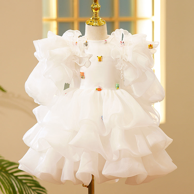 Toddler Ball Gowns Girl Birthday Party Flower Puff Sleeves Cute White Fluffy Princess Dress