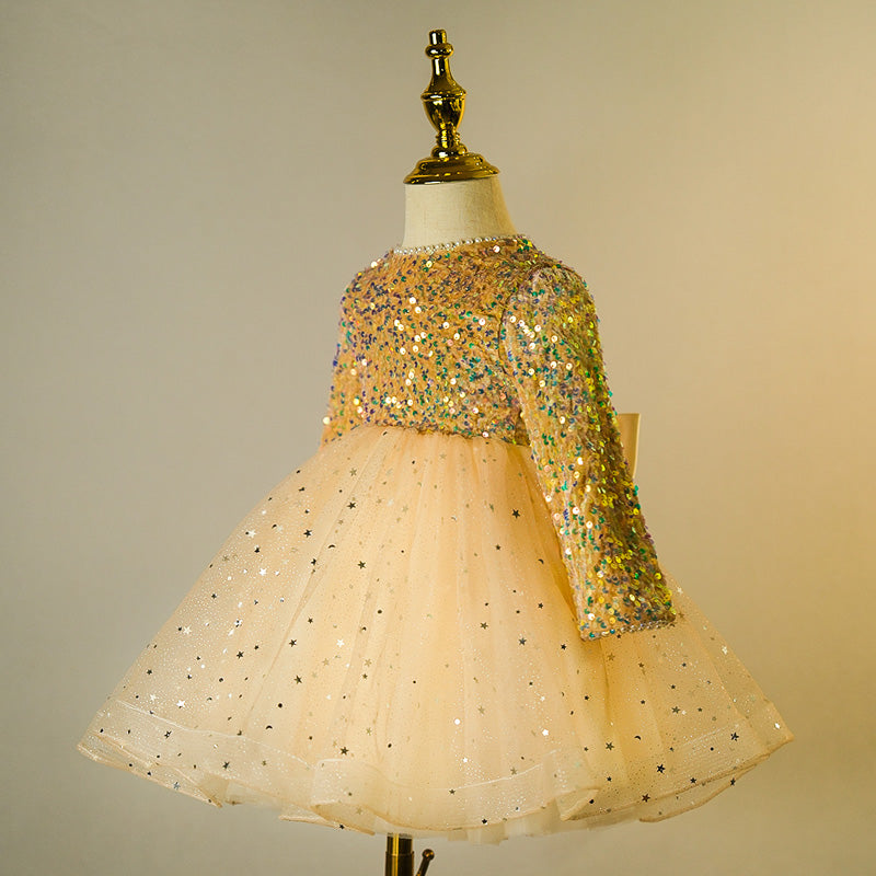 Little Girl Dress Girl Gold Formal Birthday Party Sequin Super Fairy Puffy Princess Dress