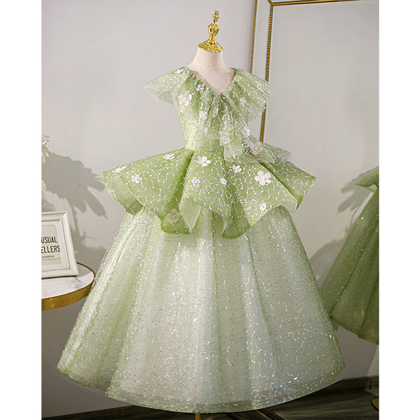 Flower Girl Dress Children Green Sequins Sleeveless Birthday Princess Dress