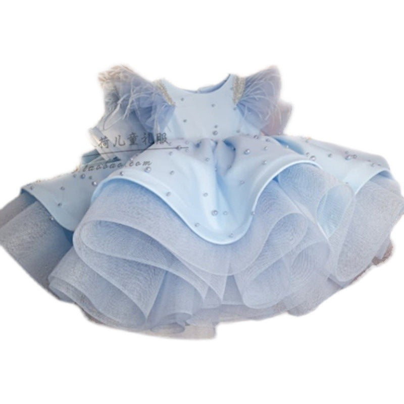 Elegant Baby Girl Blue Sleeveless Dot Princess Dresses for Girls Toddler Pageant Dresses