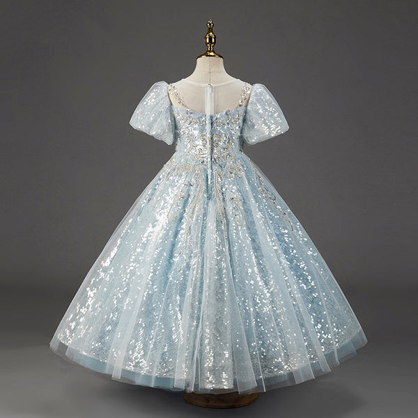 Sky Blue Sequined Puff Sleeve Princess Dress