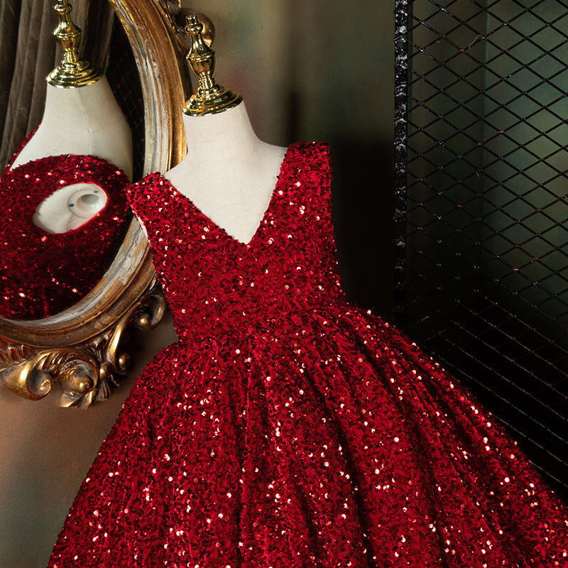 Girl Christmas Dress Luxury Red Sleeveless Trailing Sequins Fluffy Princess Communion Dress