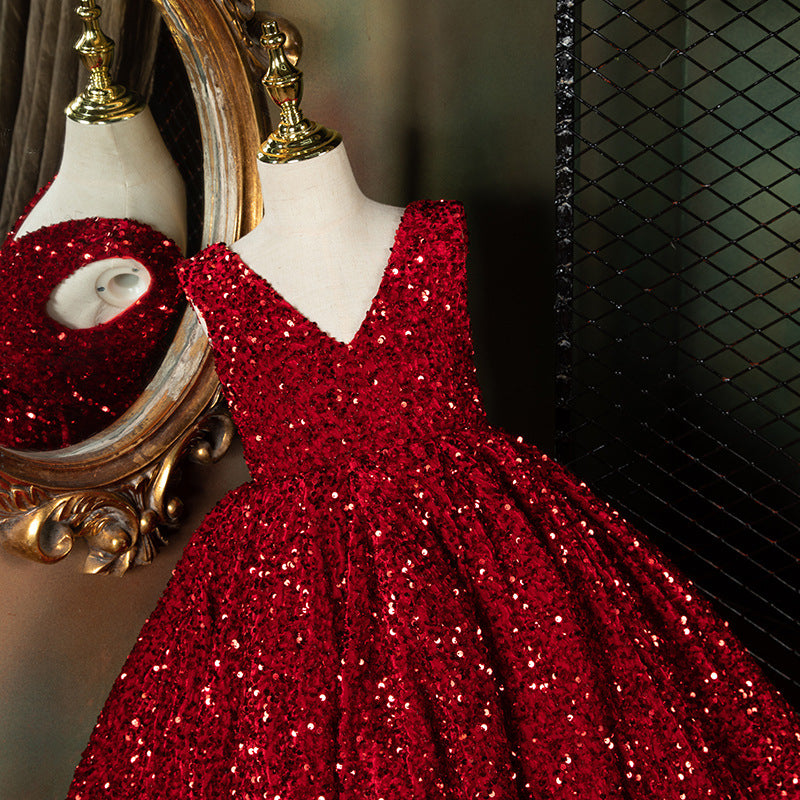 Girl Christmas Dress Luxury Red Sleeveless Trailing Sequins Fluffy Pri marryshe Girl Christmas Dress Luxury Red Sleeveless Trailing Sequins Fluffy Pri marryshe