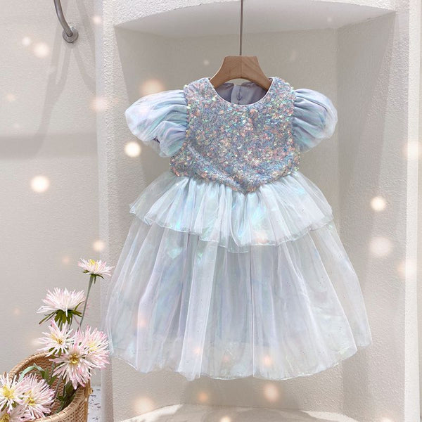 Baby Girl Dress Toddler Prom Cute Gradient Sequin Puff Sleeve Princess Dress