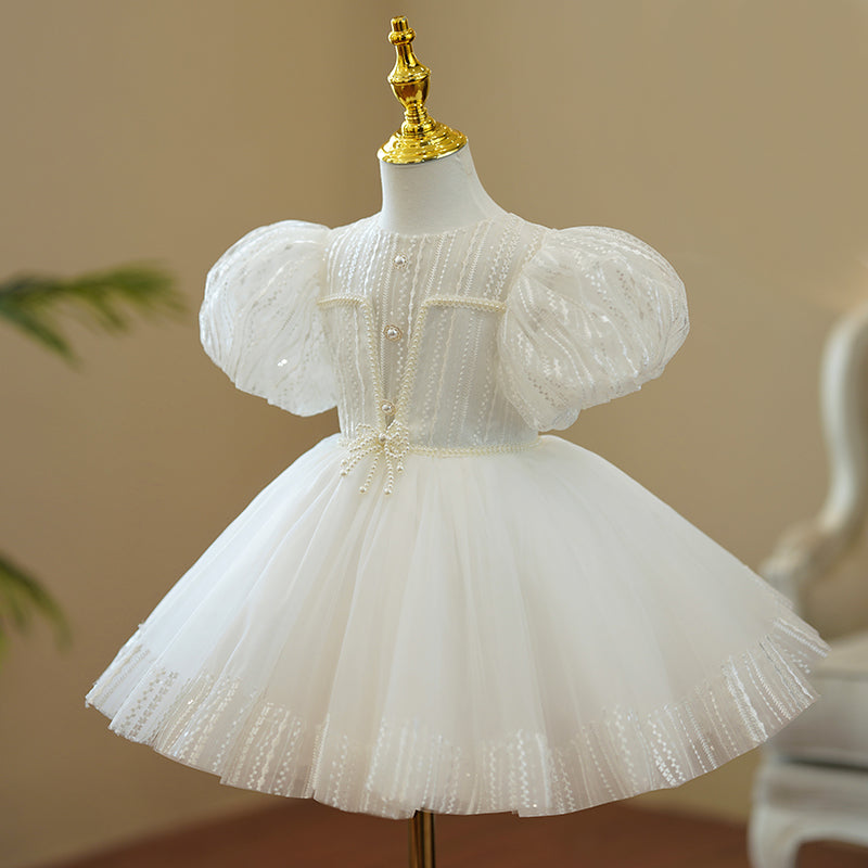 Baby Girl and Toddler White Puff Sleeve Beaded Puffy Christening Dress