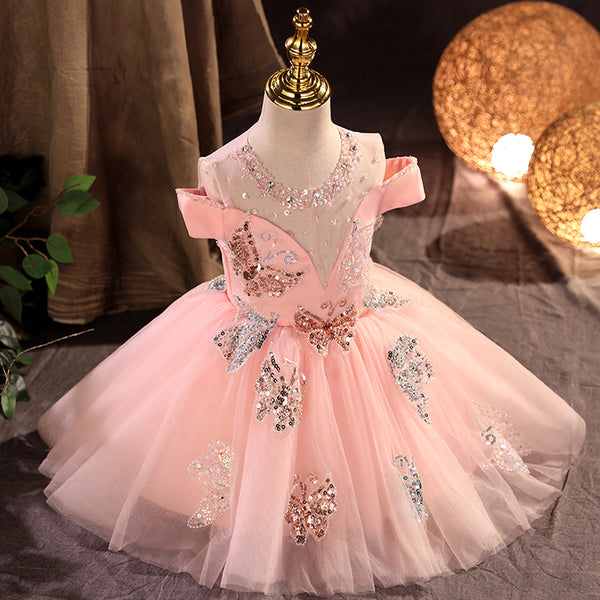 Baby Girl First Communion Dress Girl Pink Sequin Butterfly Mesh Fluffy Princess Party Dress