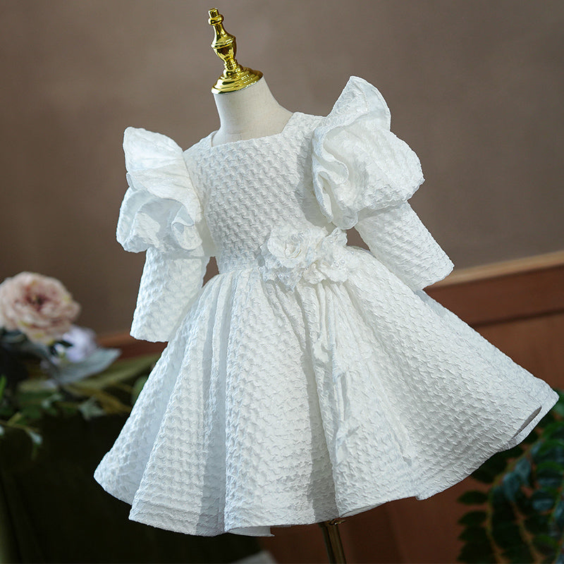 Flower Girl Dress Toddler Princess White Long Sleeve Puffy Baptism Pageant CommunionChristening Dress