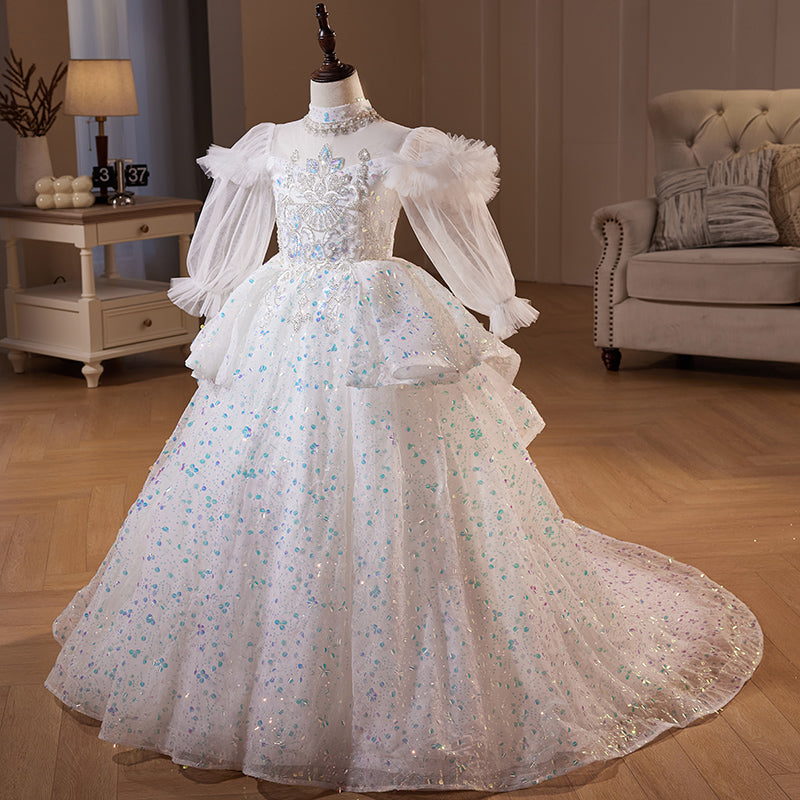 Children First Communion Dress Flower Girl Pageant Princess Long Sleeve Sequin Luxury Dress