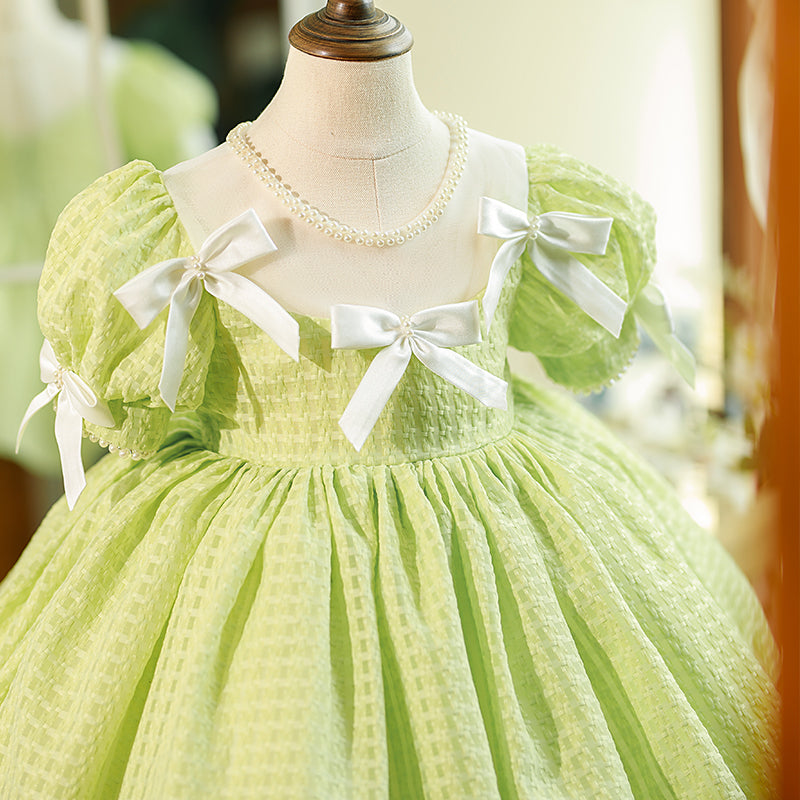 Baby Girl Daily Dress Toddler Summer Green Bow Knot Puff Sleeve Birthday Party Dress
