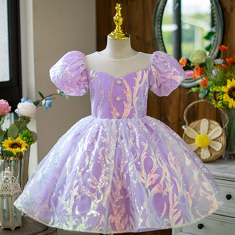 Flower Girl Dress Little Girl Puff Sleeves Summer Cute Sequins Cake Birthday Party Dress