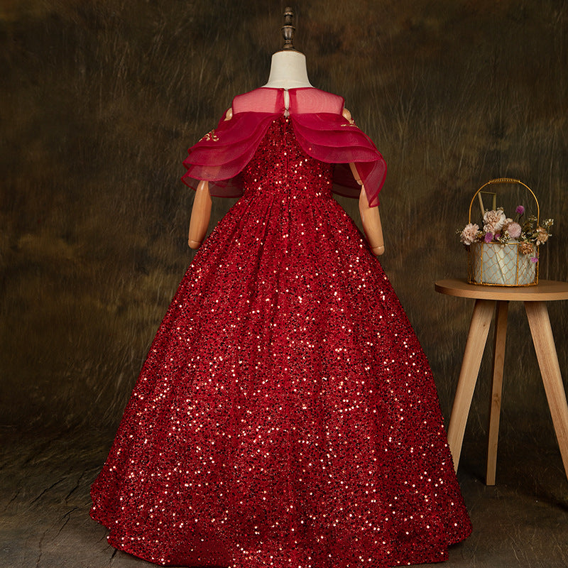 Elegant Girls Sequinswine Red Puffy Princess Dress