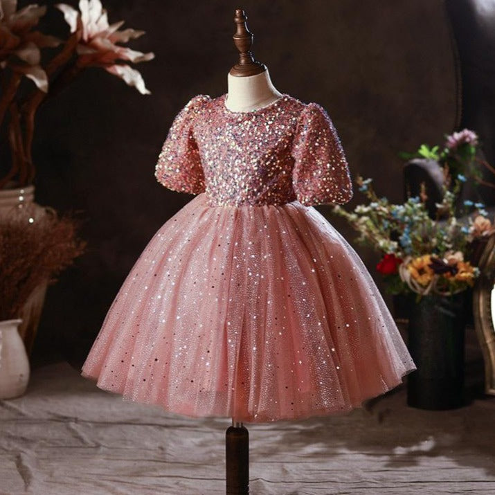 Girl Summer Pink Sequin Bow Princess Party Dress