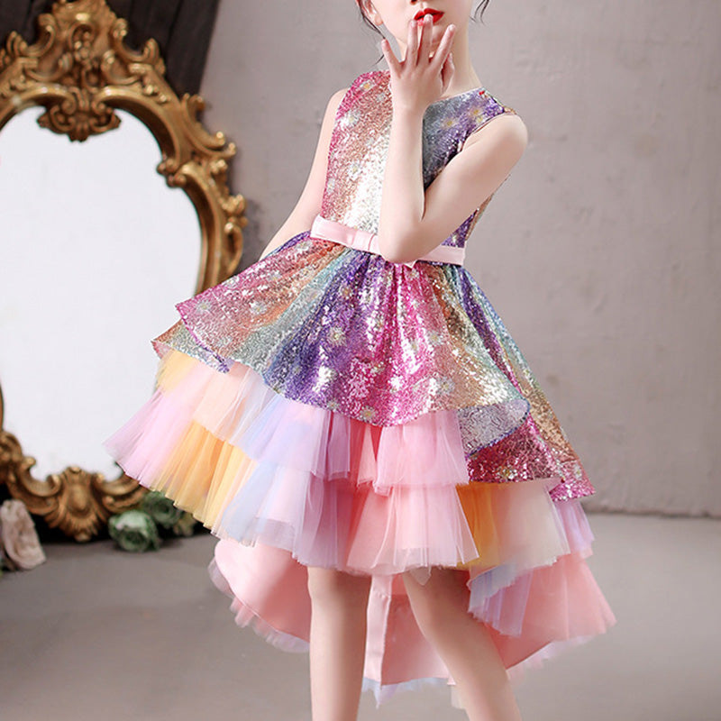 rainbow formal dress Girls Pageant Dresses Gorgeous Lace Sleeveless Ball Gown Rainbow Formal Dress, Pink / 7-8 Years (140cm)