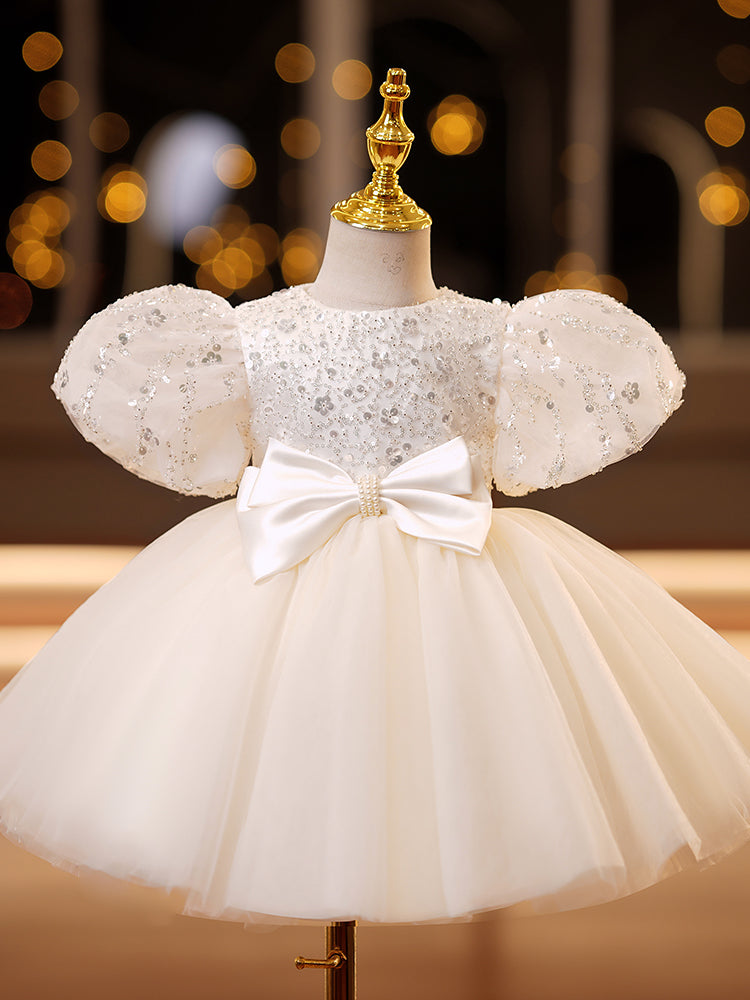Baby Girl Birthday Party Dresses Girl Cute Bow Knot Sequin Formal Princess Dresses, Beige / 9-10 Years (150cm)