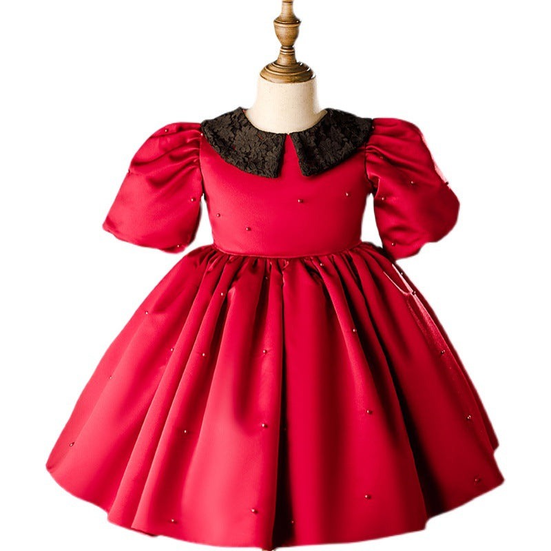 Baby Girl Dress Children Birthday Party Dress Red Puff Sleeve Doll Collar CommunionDress