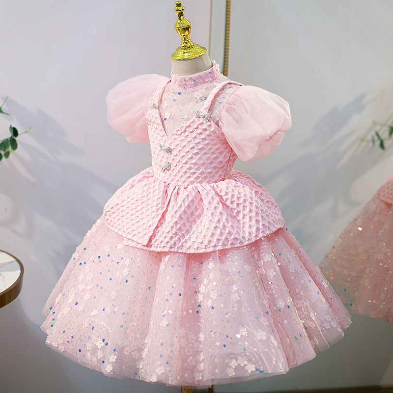 Flower Girl Dress Children Easter Princess Summer Pink Sequin Puff Sleeves Cake Dress
