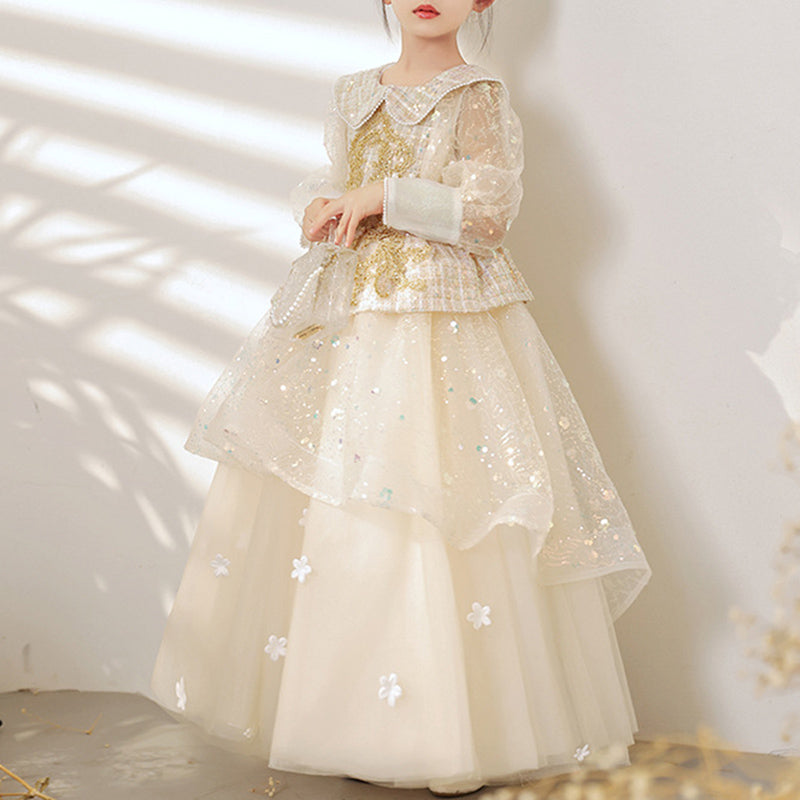 Girl Communion Easter Dress Champagne Sequin Long Sleeve Floral Birthday Princess Dress