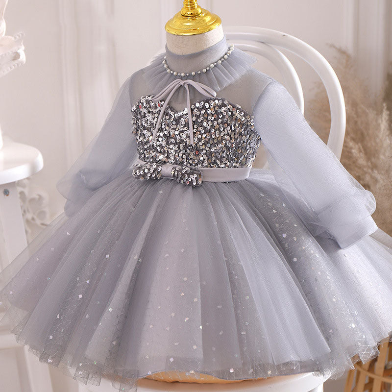 Marryshe - Little Girl Dresses - Girls Birthday Party Dress Long Sleeve Sequin Flower Girl Puffy Pageant Princess Dress, Light grey / 1-2 Years (90cm) Marryshe - Little Girl Dresses - Girls Birthday Party Dress Long Sleeve Sequin Flower Girl Puffy Pageant Princess Dress, Light grey / 1-2 Years (90cm)