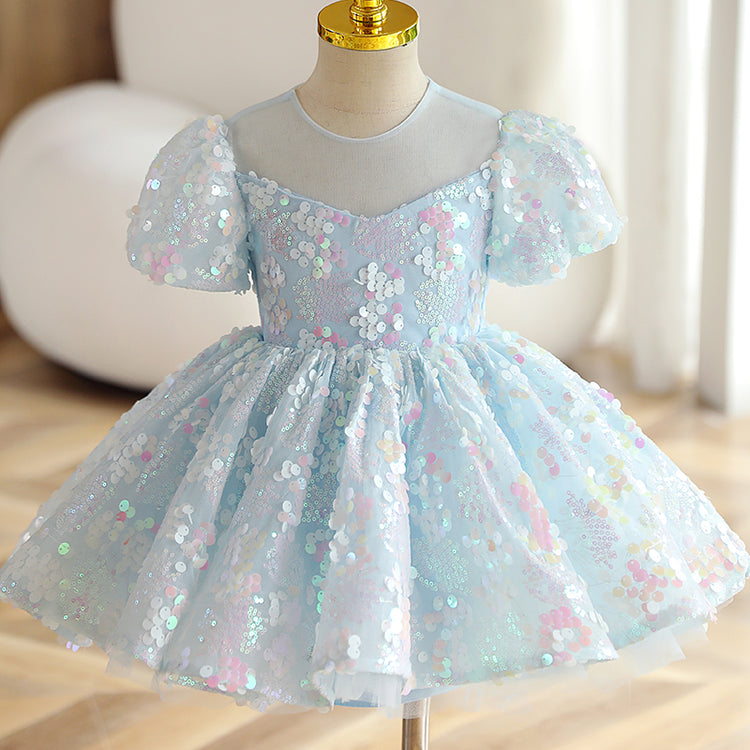 Baby Girl and Toddler Summer Blue Sequin Pageant Puffy Princess Party Dress