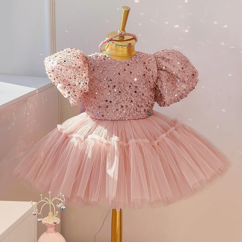 Baby Girl First Communion Dress Girl Pink Sequin Bow Fluffy Birthday Party Dress