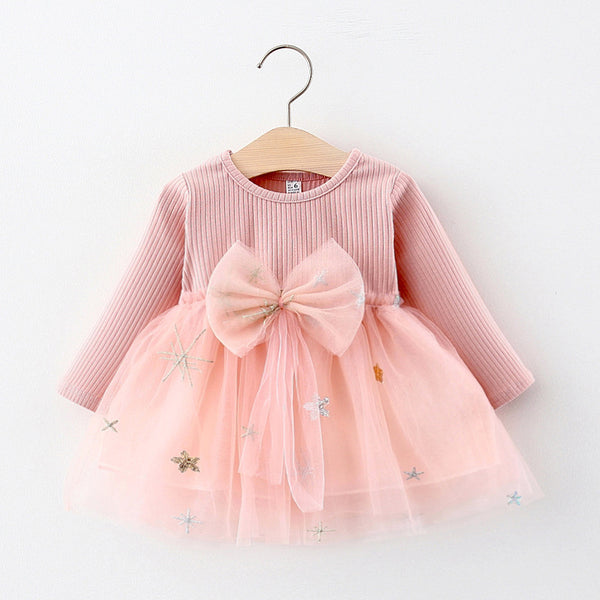 Baby Girl Cute Long Sleeve Sequins Bow Princess Dress