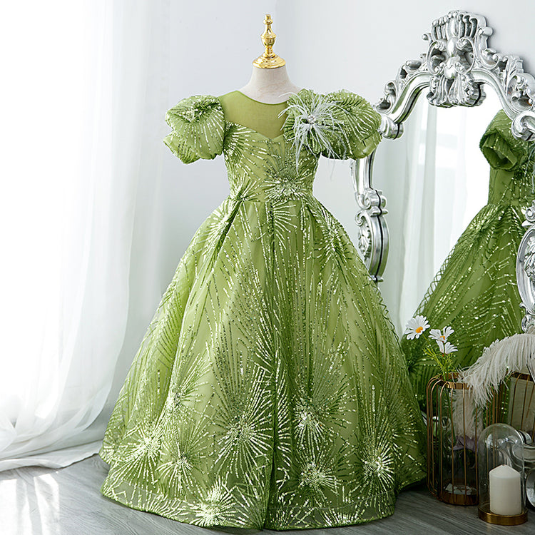 Flower Girl Dress Children Communion Light Green Sequined Puff Sleeves Princess Dress