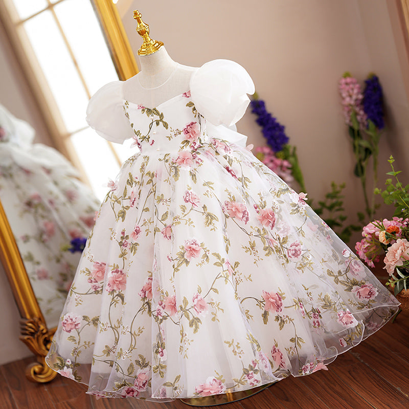 Baby Girl First Communion Dress Children Flowers Embroidery Puffy  Princess Dress