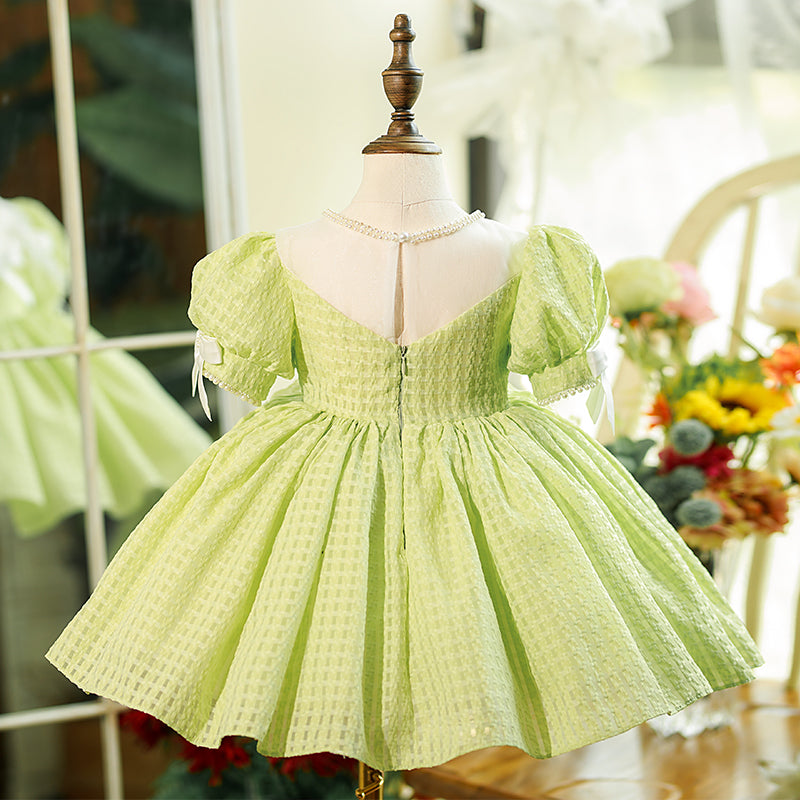 Baby Girl Daily Dress Toddler Summer Green Bow Knot Puff Sleeve Birthday Party Dress