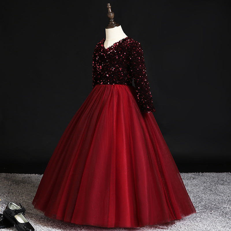 Girl Communion Dress Little Girl Red Sequins Long Sleeve Pageant Princess Dress
