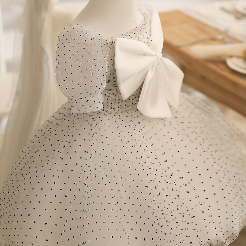 Flower Girl Dresses Baby Girl White Polka Dot Big Bow Knot Birthday Party Princess Dress