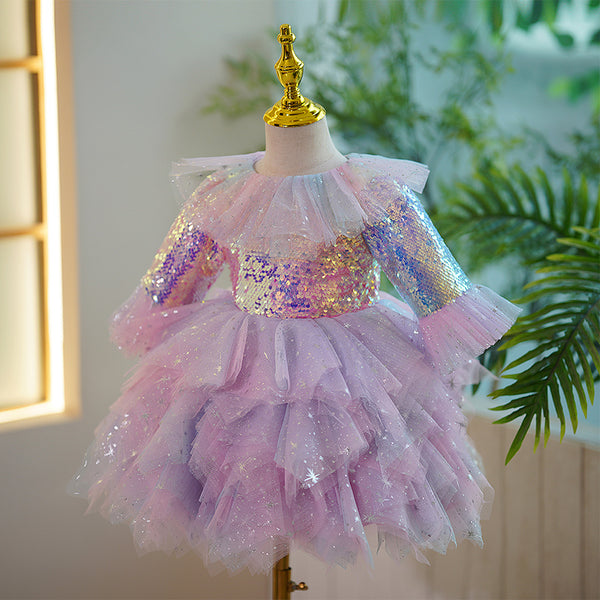 Baby Girl and Toddler Princess Dress Pink Sequin Mesh Cake Fluffy Birthday Party Dress