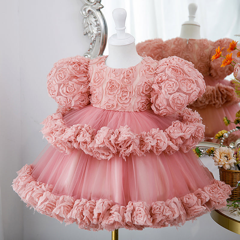 Girl Christmas Dress Baby Girl Dress Toddler Pink Rose Fluffy Party Puff Sleeves Cake Princess Dress